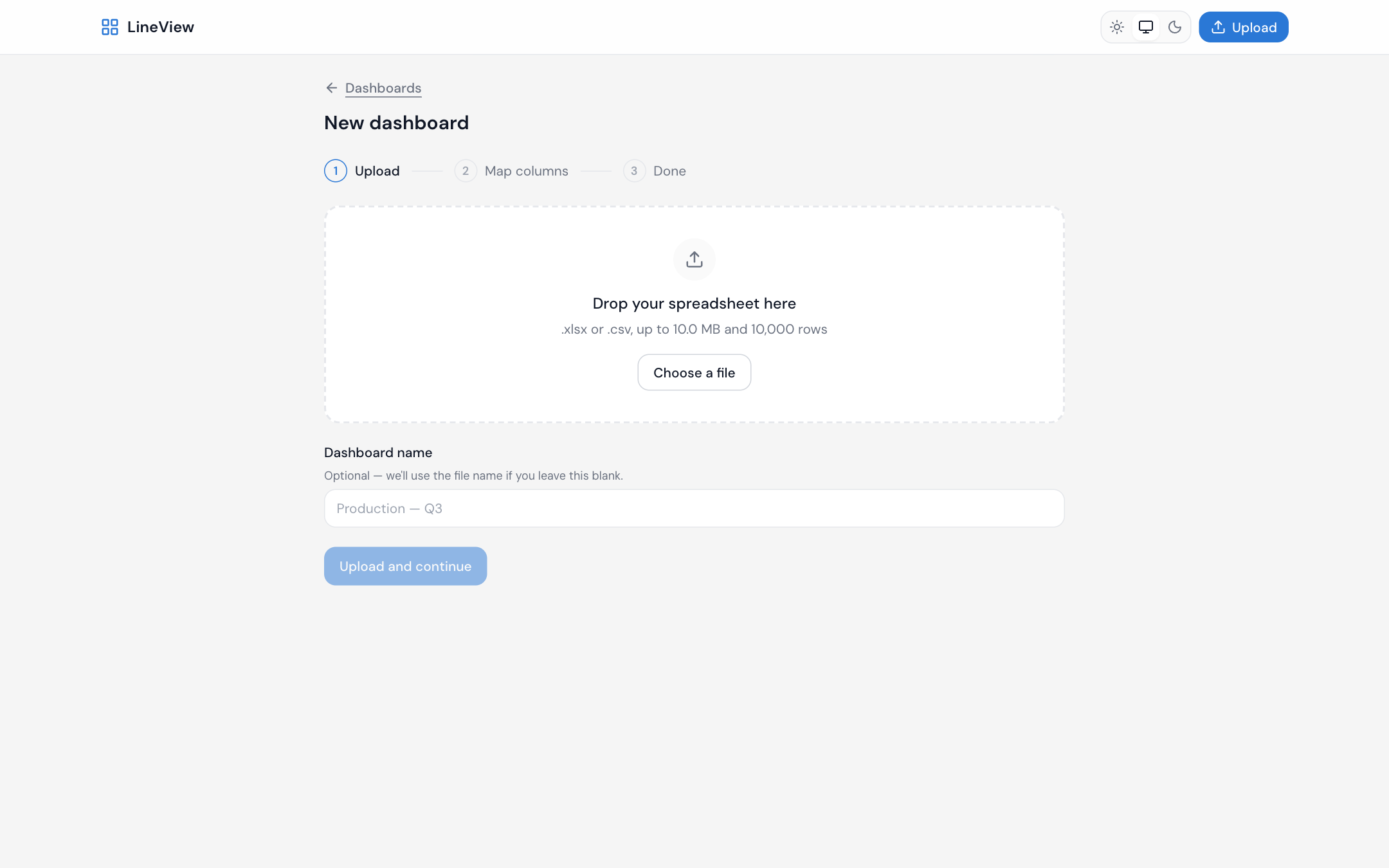 The upload wizard's first step: a drop zone for the spreadsheet and an optional dashboard name